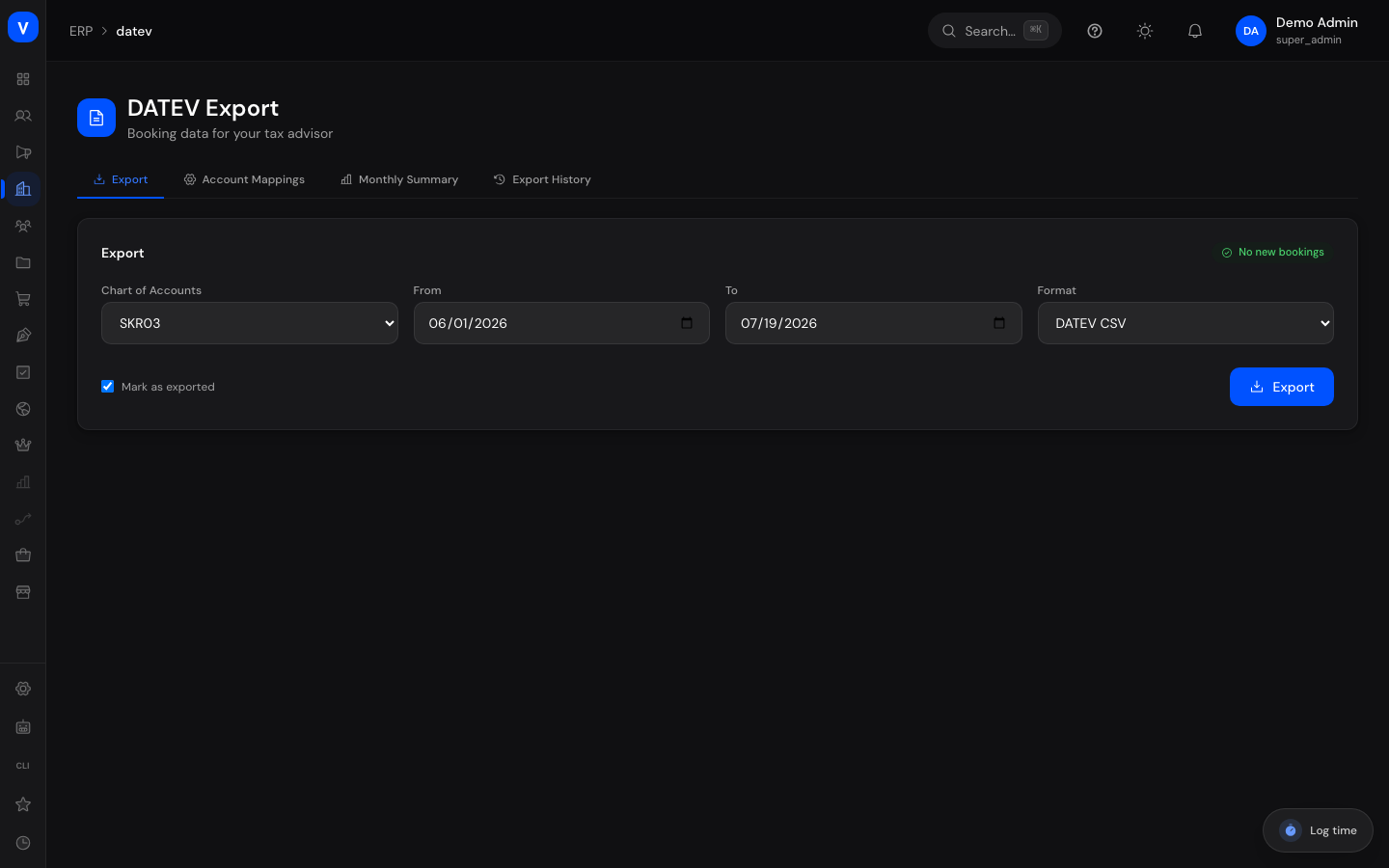 Bildschirmfoto der Seite DATEV Export