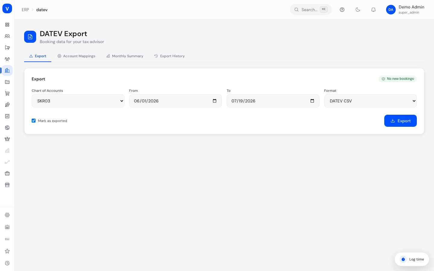 Bildschirmfoto der Seite DATEV Export