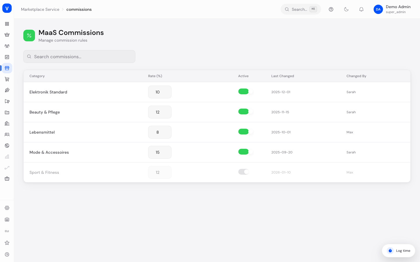 Bildschirmfoto der Seite Provisionen (Marketplace-as-a-Service)