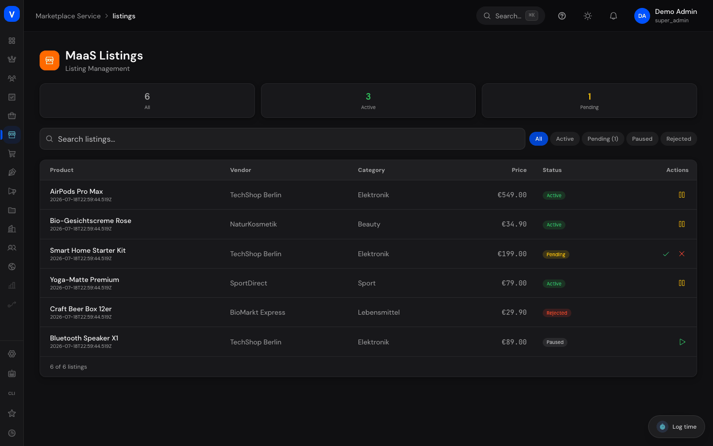 Bildschirmfoto der Seite Listings (Marketplace-as-a-Service)
