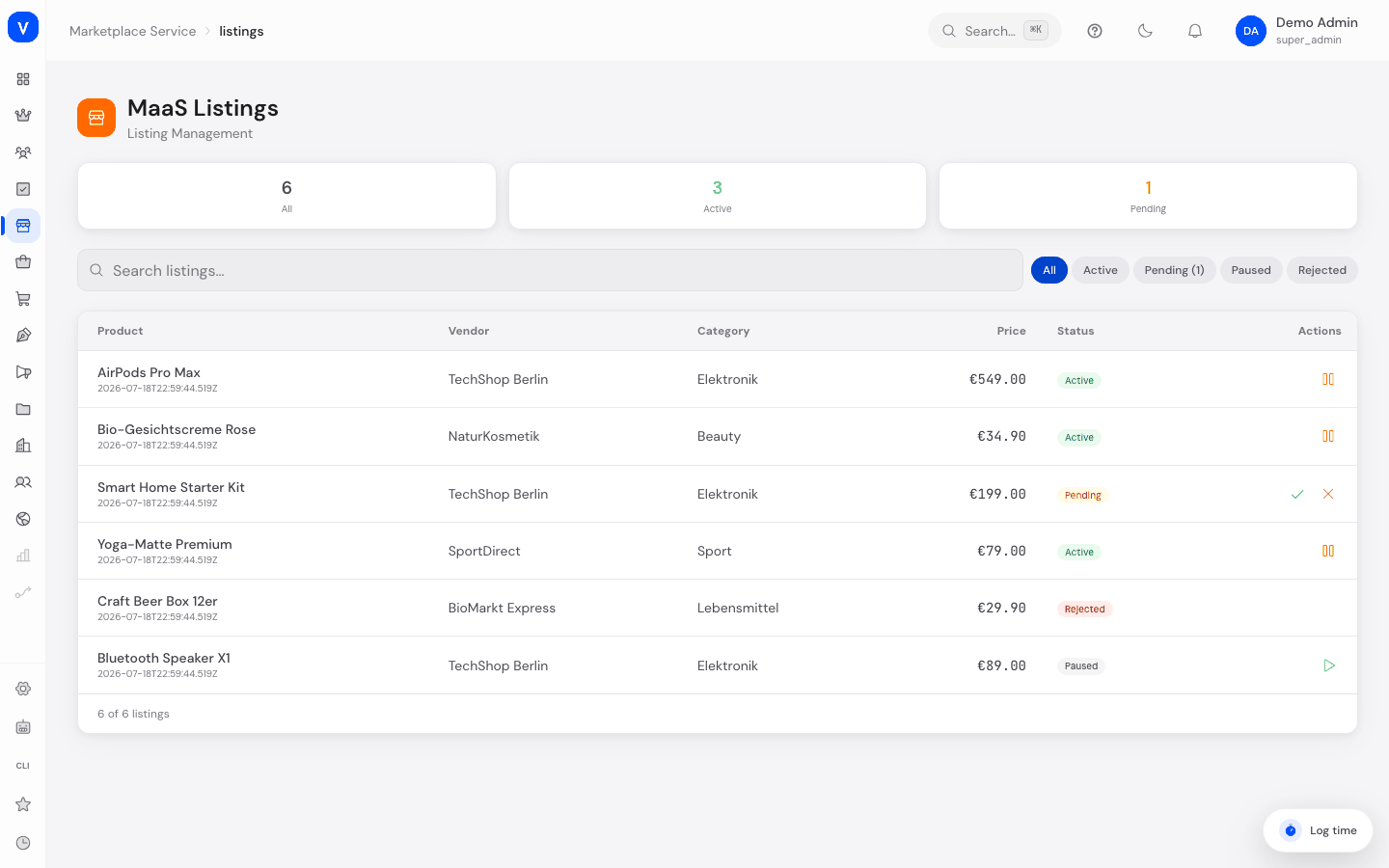 Bildschirmfoto der Seite Listings (Marketplace-as-a-Service)