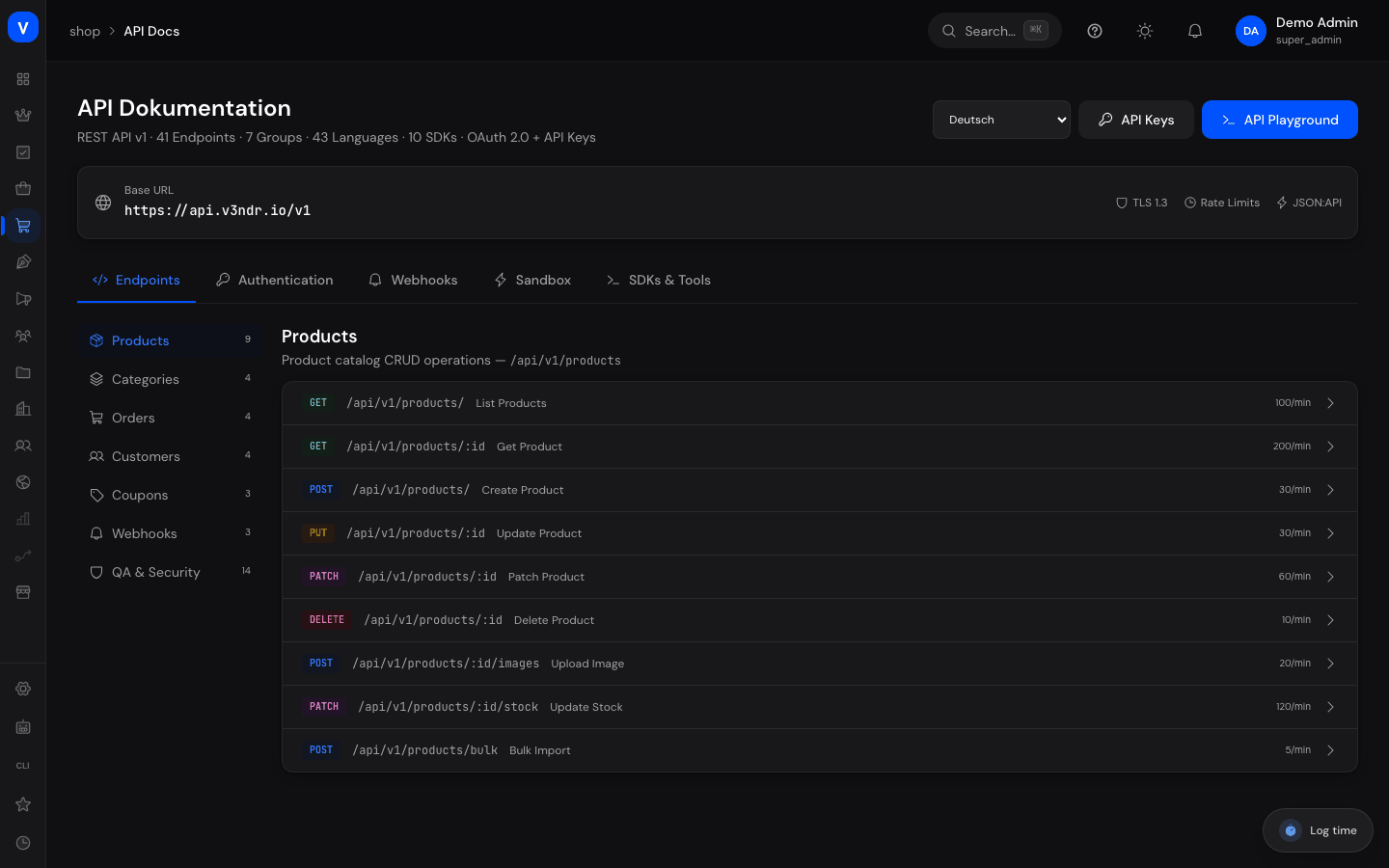Bildschirmfoto der Seite API-Dokumentation