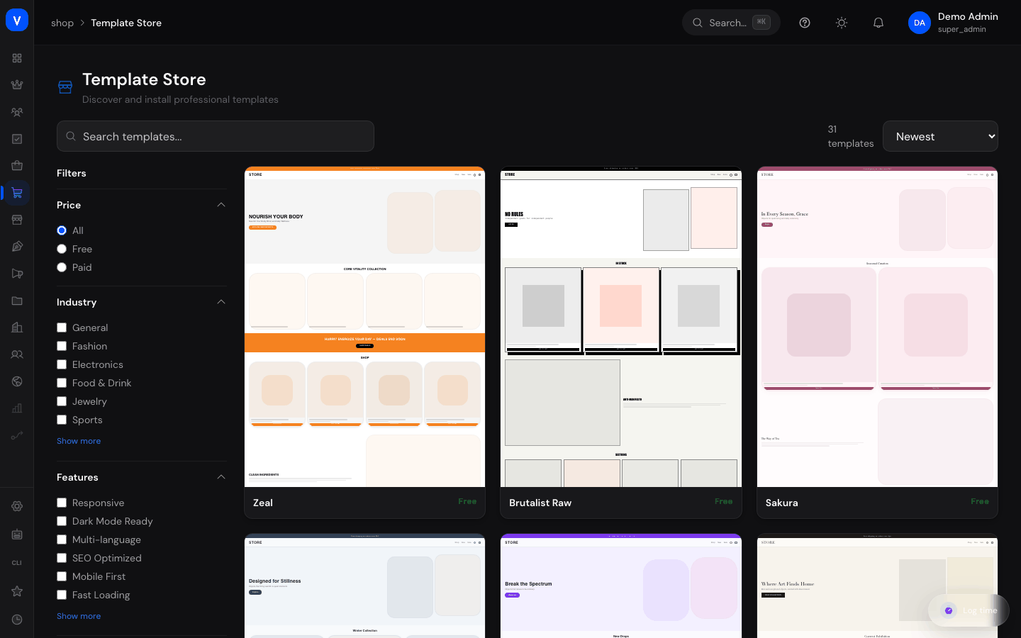 Bildschirmfoto der Seite Template-Store