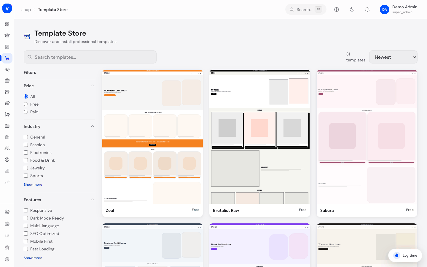 Bildschirmfoto der Seite Template-Store